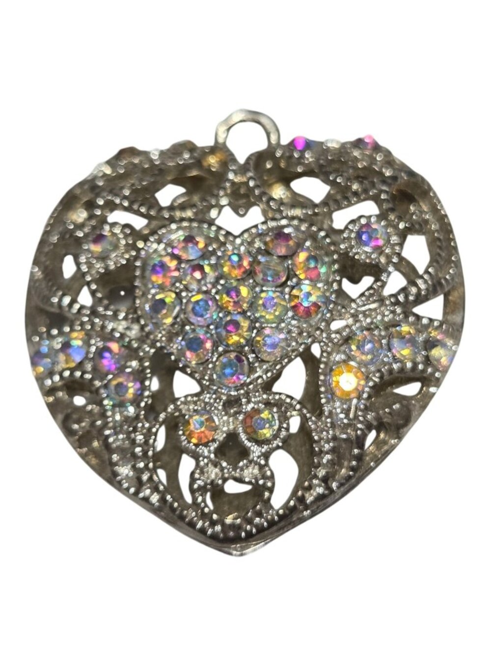 Heart Shaped Rhinestone Filigree Pendant Silver Tone Jewelry DIY Craft Necklace